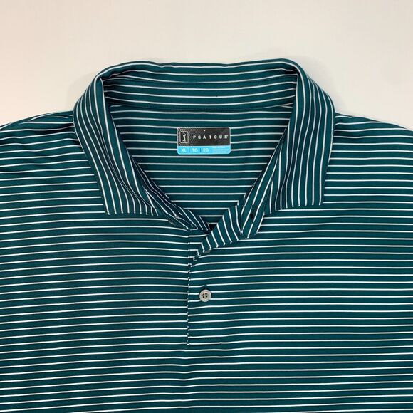 PGA Tour Polo Shirt Mens XL Extra Large Teal Striped Short Sleeve Sweat Wicking - Picture 4 of 11